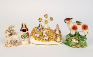 Four antique Staffordshire pottery statues (all A/F), 19th century, the ram statue 12.5cm high