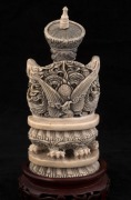 A pair of Chinese carved ivory ancestor statues on carved wooden stands, early to mid 20th century, ​​​​​​​18cm high overall - 9