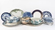 Antique English porcelain wares including, meat platters, tureens, ladles, plates, chamber pot and serving bowl, 19th century, (15 items), the largest meat platter 46cm wide