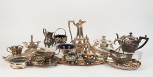 Assorted silver plated teapots, claret jug, trays, dishes, wine coasters, sugar caster etc, 19th and 20th century