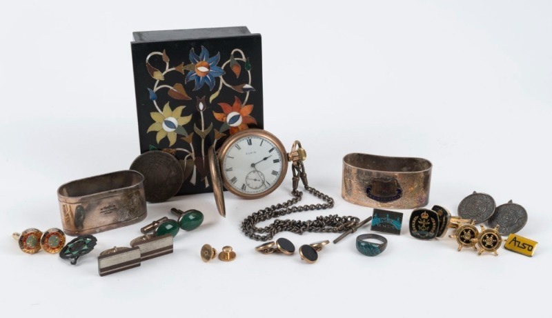 ELGIN gold plated pocket watch, napkin rings, cufflinks etc