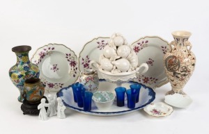 Cloisonne vase, Satsuma vase, porcelain meat platter, plates, bowl, ornaments, blue glass ware, etc, 19th and 120th century, (21 items), the platter 45cm wide