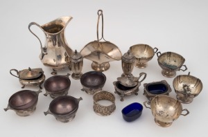 Sterling silver condiments, jug, bonbon dish and napkin ring, 20th century, (16 items), the jug 13cm high, 795 grams total