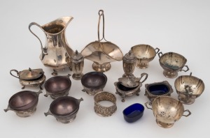 Sterling silver condiments, jug, bonbon dish and napkin ring, 20th century, (16 items), ​​​​​​​the jug 13cm high, 795 grams total