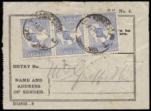 1914 (Aug.) usage of 6d Blue horizontal strip of 3 on a parcel label, tied by Launceston cds. Minor faults to the label which do not detract.