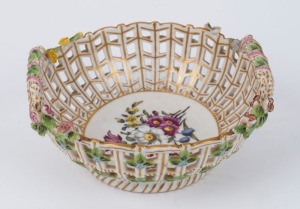 MEISSEN antique German pierced porcelain bowl with applied floral decoration, 19th century, blue crossed swords factory mark to base, ​​​​​​​8cm high, 16.5cm wide