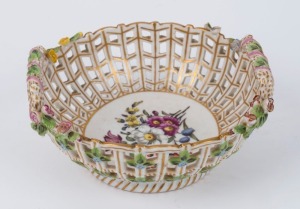 MEISSEN antique German pierced porcelain bowl with applied floral decoration, 19th century, blue crossed swords factory mark to base, 8cm high, 16.5cm wide