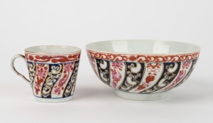 DR. WALL WORCESTER "Queen Charlotte" pattern antique English porcelain bowl and teacup, 18th century, (2 items), the bowl 6.5cm high, 15cm wide