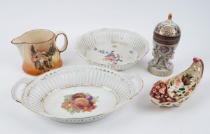 ROYAL DOULTON "Sir Rodger De Coverley" English porcelain jug, RUDOLF DITMAR Austrian porcelain dish, French porcelain potpourri, together with two Continental porcelain bowls, 20th century, (5 items), the largest 31cm wide