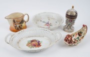 ROYAL DOULTON&nbsp;"Sir Rodger De Coverley" English porcelain jug, RUDOLF DITMAR Austrian porcelain dish, French porcelain&nbsp;potpourri, together with two Continental porcelain bowls, 20th century, (5 items), ​​​​​​​the largest 31cm wide