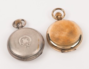 ELGIN American gold plated antique full hunter pocket watch, together with an antique English silver cased pocket watch, 19th century, (2 items), ​​​​​​​7.5cm high overall