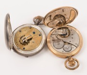 ELGIN American gold plated antique full hunter pocket watch, together with an antique English silver cased pocket watch, 19th century, (2 items), ​​​​​​​7.5cm high overall - 2