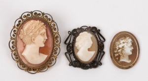 Three assorted cameos, (two mounted in metal), 19th and 20th century, the largest 3cm high