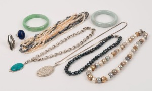 Two jade bangles, two rings (one silver), two necklaces and three pearl bead necklaces, 20th and 21st century, (9 items).