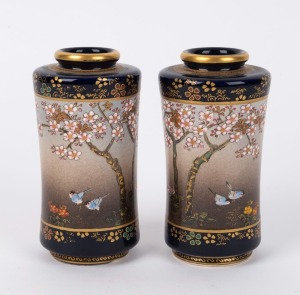 SATSUMA pair of Japanese earthenware vases with birds and blossoms, Meiji period, red seal mark to base, 13cm high