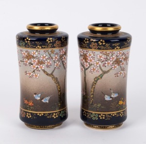 SATSUMA pair of Japanese earthenware vases with birds and blossoms, Meiji period, red seal mark to base, ​​​​​​​13cm high