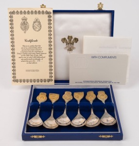 PRINCE CHARLES & LADY DIANA SPENCER sterling silver boxed spoons with gilt decoration, limited edition No.56/1000, in original box with papers, circa 1981, 168 grams silver weight