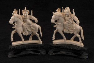 A pair of Chinese carved ivory horse and rider statues, on wooden stands, early to mid 20th century, the larger 12cm high overall