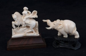 An Indian carved ivory elephant together with a horse and rider, both mounted on wooden bases, early to mid 20th century, (2 items), the larger 8cm high overall