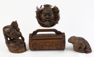 A Chinese carved bamboo box, bust, frog ornament, and horse statue, 19th/20th century, (4 items), the box 26cm wide