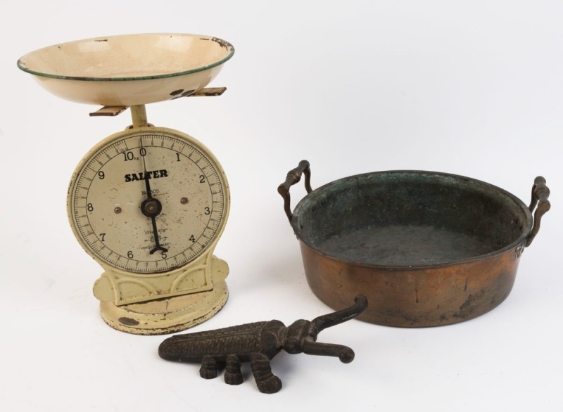 Antique brass cooking pan, enamel scales and a cast iron boot puller of insect form, 19th and early 20th century, (3 items), the pan 33cm across the handles