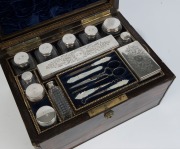 An antique English coromandel travel box fitted with silver plated bottles and mother of pearl vanity set, 19th century, 17cm high, 29cm wide, 21cm deep - 4