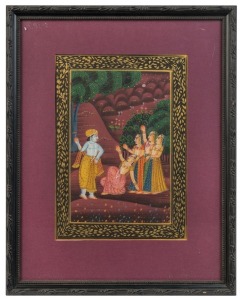 An Indian painting of figures in landscape, 20th century, 28 x 19cm, 44 x 34cm overall