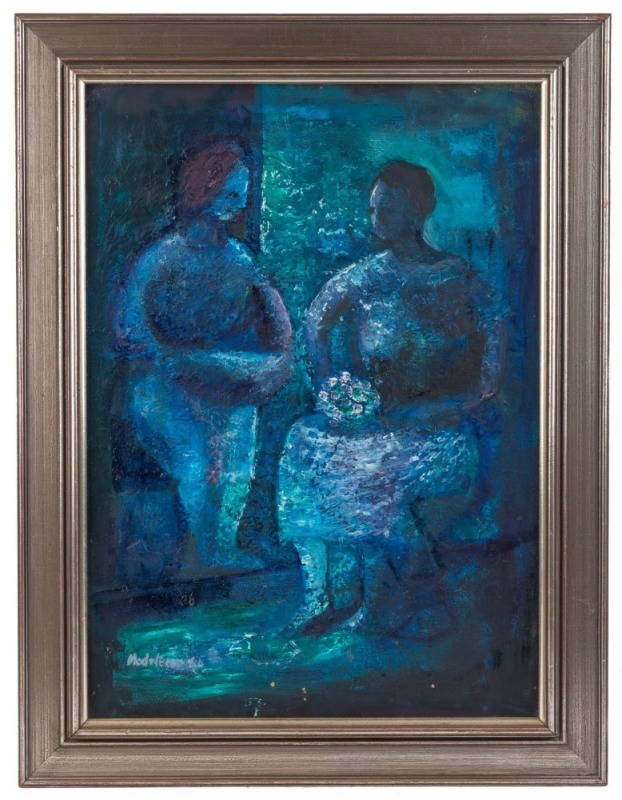 ARTIST UNKNOWN, (blue figures), acrylic on board, signed lower left "Madeleine, '64", ​​​​​​​60 x 42cm, 73 x 56cm overall