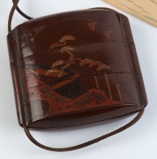 A fine Japanese lacquered inro&nbsp;with cloisonne dragon ojime&nbsp;and slab ivory netsuke, Meiji period, the inro 7.5cm high - 2