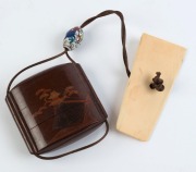 A fine Japanese lacquered inro&nbsp;with cloisonne dragon ojime&nbsp;and slab ivory netsuke, Meiji period, the inro 7.5cm high - 5