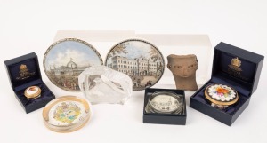 ROYAL WORCESTER pill boxes, glass ornament and paperweights, two pot lids (reproduction) and a pottery fragment in the Columbian style, (8 items), ​​​​​​​the pot lids 12.5cm diameter