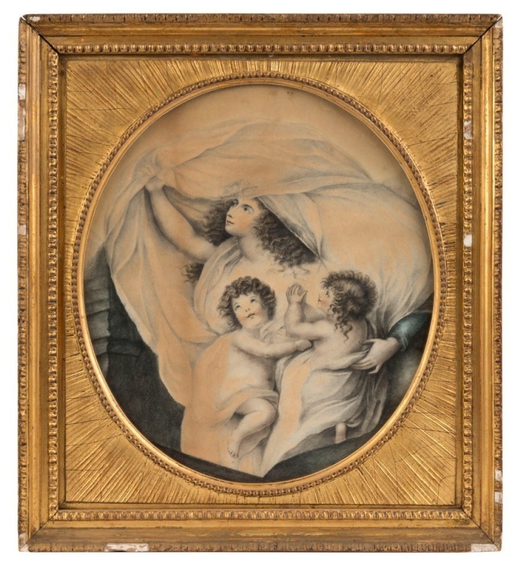 ARTIST UNKNOWN (19th century), (mother with two children), oval watercolour, 30 x 26cm, 39 x 35cm overall