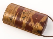 An antique Japanese inro, lacquered cherry wood with gilded landscape scene, with ceramic ojime&nbsp;and Foo dog carved boxwood netsuke, Meiji period, ​​​​​​​the inro 9cm high - 2
