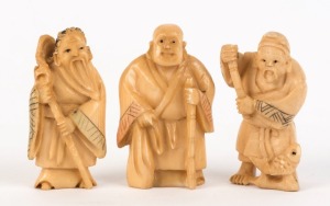 Three Japanese carved ivory standing figural netsuke, Meiji period, 20th century, the largest 5cm high
