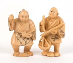 Two Japanese carved ivory standing figural netsuke, Meiji period, 20th century, ​​​​​​​the larger 5cm high