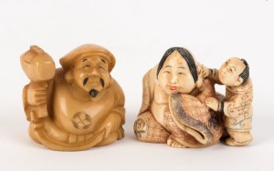 Two Japanese carved ivory netsuke, one of a mother and child, the other of a bearded man, Meiji Period, 19th/20th century, ​​​​​​​the larger 4cm high, 4.5cm wide
