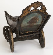 A Dutch folk art carved wood and iron toy cart, beautifully painted with ship portrait of the ZEEHOND (Sea Hound), dated 1781 and town scenes on the sides, 18th century, 30cm high, 39cm long, 18cm wide - 4