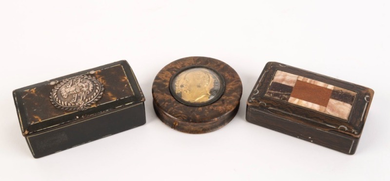 Three antique snuff boxes including silver topped, "William The Fourth" and stone inlaid, early 19th century, ​​​​​​​the largest 9.5cm wide