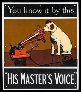 "HIS MASTERS VOICE" coloured tin enamel sign, ​​​​​​​46 x 40cm
