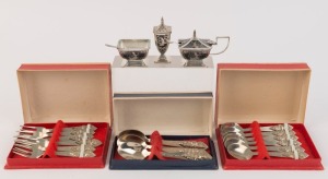 Thai silver cake forks and spoons (boxed), together with a Thai silver and niello condiment set, 20th century, 385 grams total