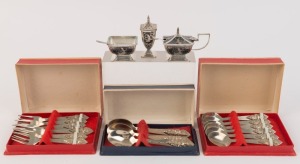 Thai silver cake forks and spoons (boxed), together with a Thai silver and niello condiment set, 20th century, 385 grams total 