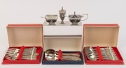 Thai silver cake forks and spoons (boxed), together with a Thai silver and niello condiment set, 20th century, 385 grams total&nbsp;