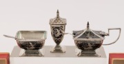 Thai silver cake forks and spoons (boxed), together with a Thai silver and niello condiment set, 20th century, 385 grams total&nbsp; - 2
