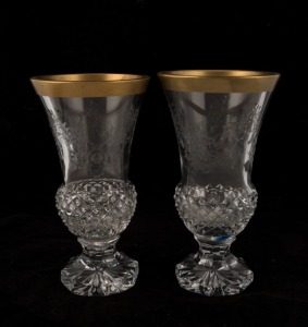 A pair of Bohemian crystal mantel vases with gilt rims, 20th century, 23cm high