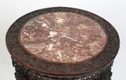 An antique Chinese rosewood table with carved decoration and rouge marble top, 19th century, 80cm high, 56cm diameter - 3