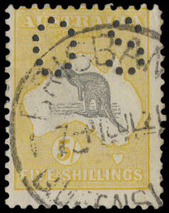 5/- Grey & Yellow, punct. 'OS', wmk. INVERTED, cancelled Brisbane "1_JL21". Very scarce. Retail Melb. $1,750.