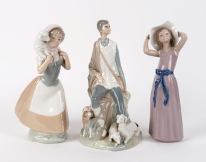 LLADRO statue of a girl in a pink dress, and two Nao Spanish porcelain statues, 20th century, ​​​​​​​the largest 26cm high