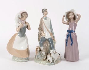 LLADRO statue of a girl in a pink dress, and two Nao Spanish porcelain statues, 20th century, the largest 26cm high