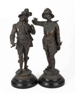 Pair of antique spelter cavalier statues on ebonized timber bases, late 19th century, note missing swords, ​​​​​​​53cm and 54cm high