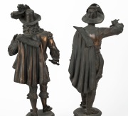 Pair of antique spelter cavalier statues on ebonized timber bases, late 19th century, note missing swords, ​​​​​​​53cm and 54cm high - 2